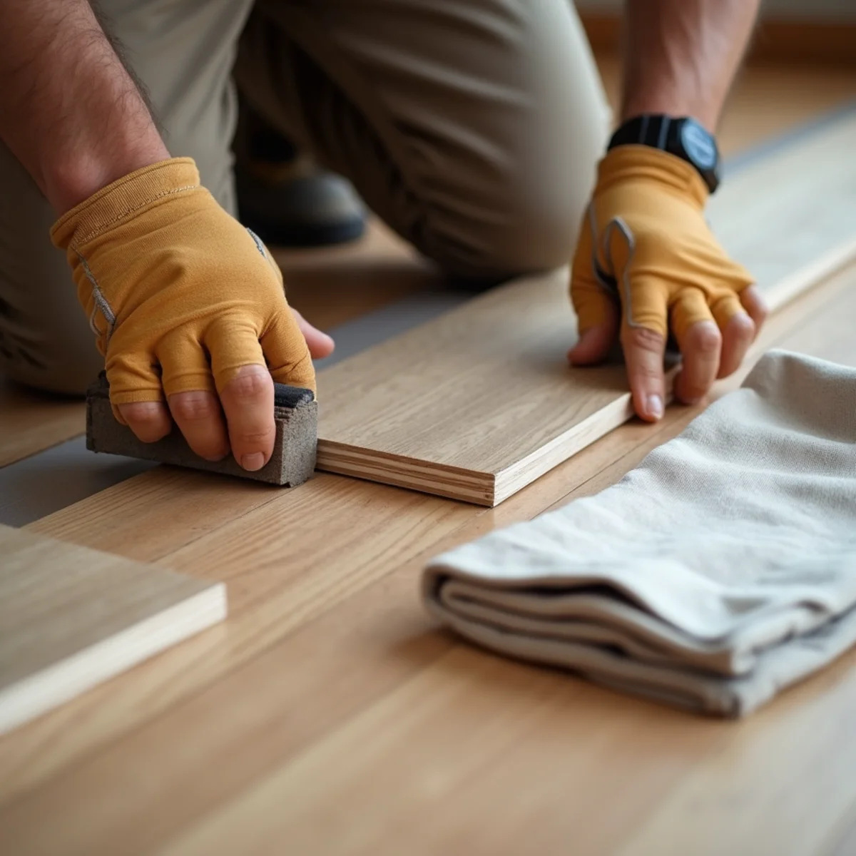 installer fitting plank — flooring craftsmanship in North Alabama