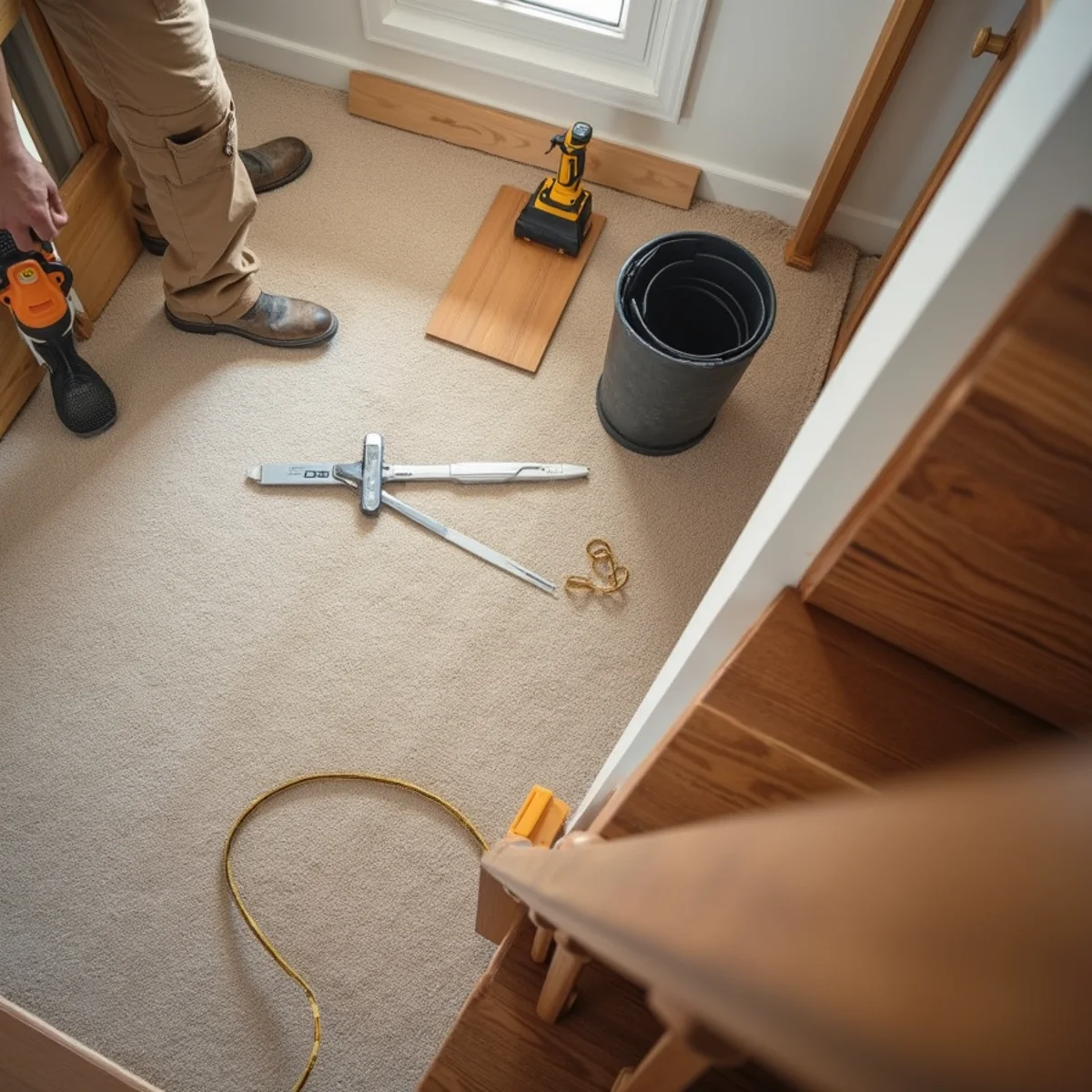 close up detail illustrating carpet to hardwood stairs