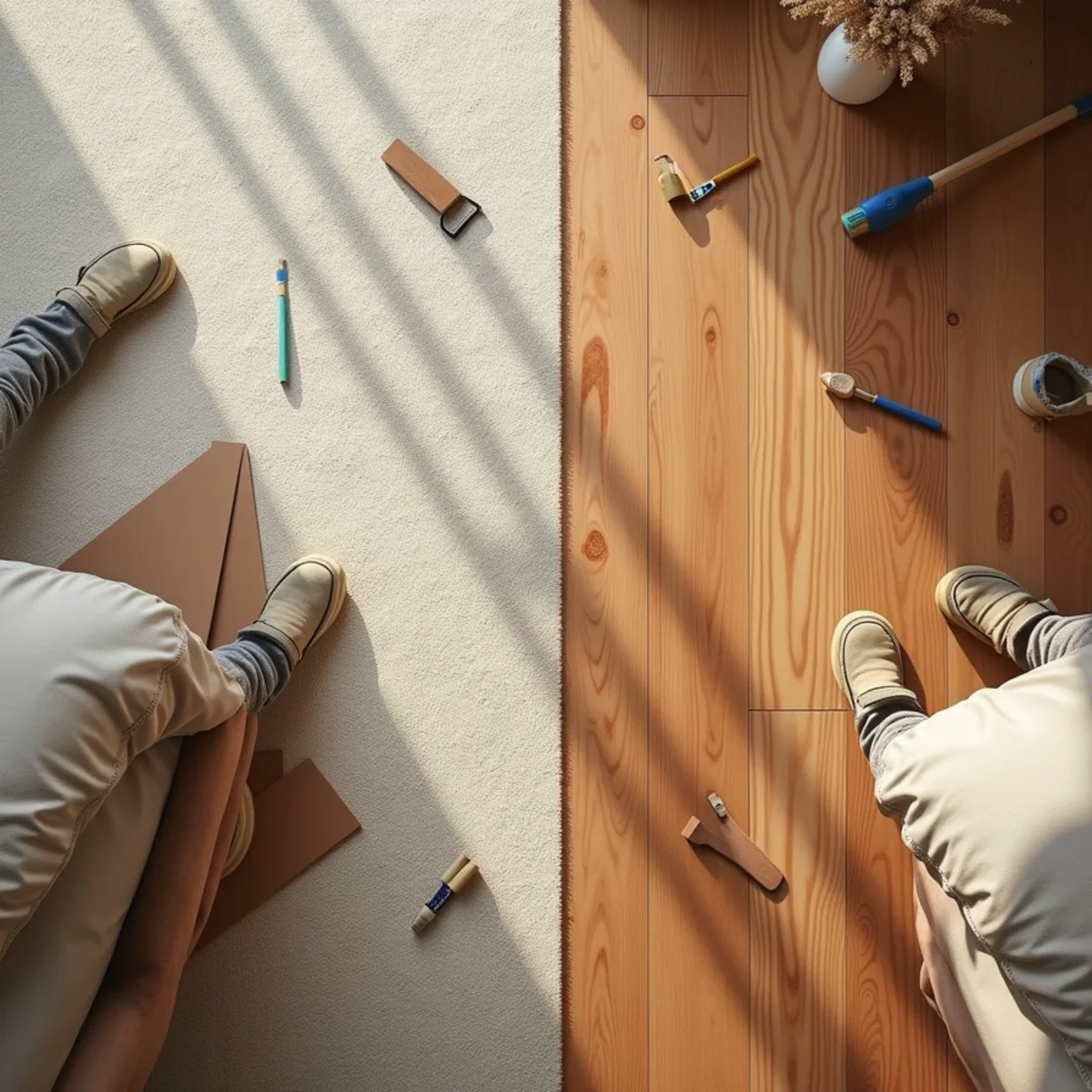 side by side comparison illustrating carpet vs hardwood bedrooms