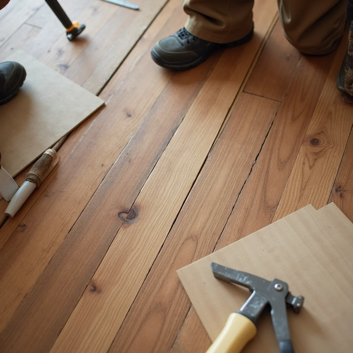 close up detail illustrating buckled hardwood floor repair