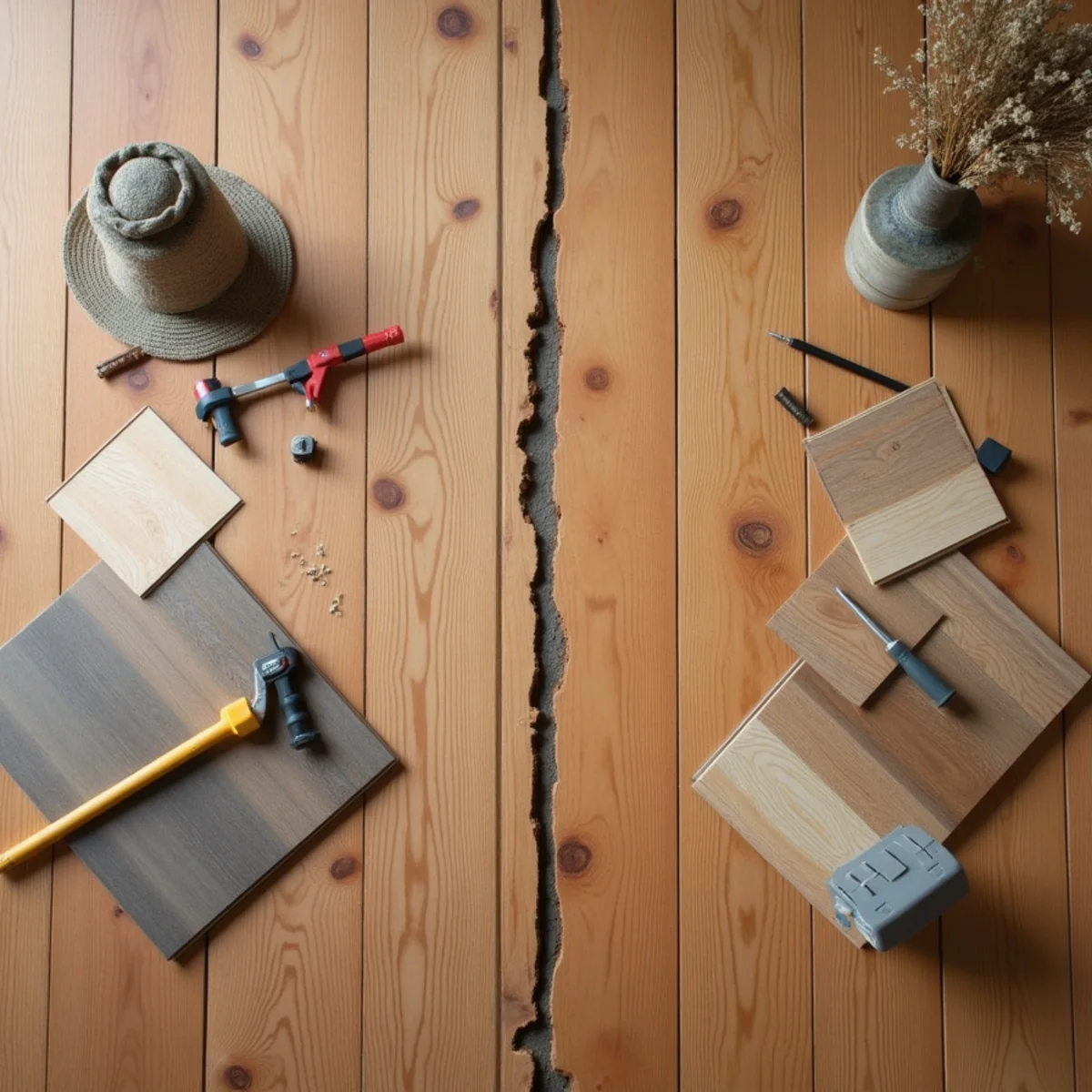 side by side comparison illustrating buckled hardwood floor repair