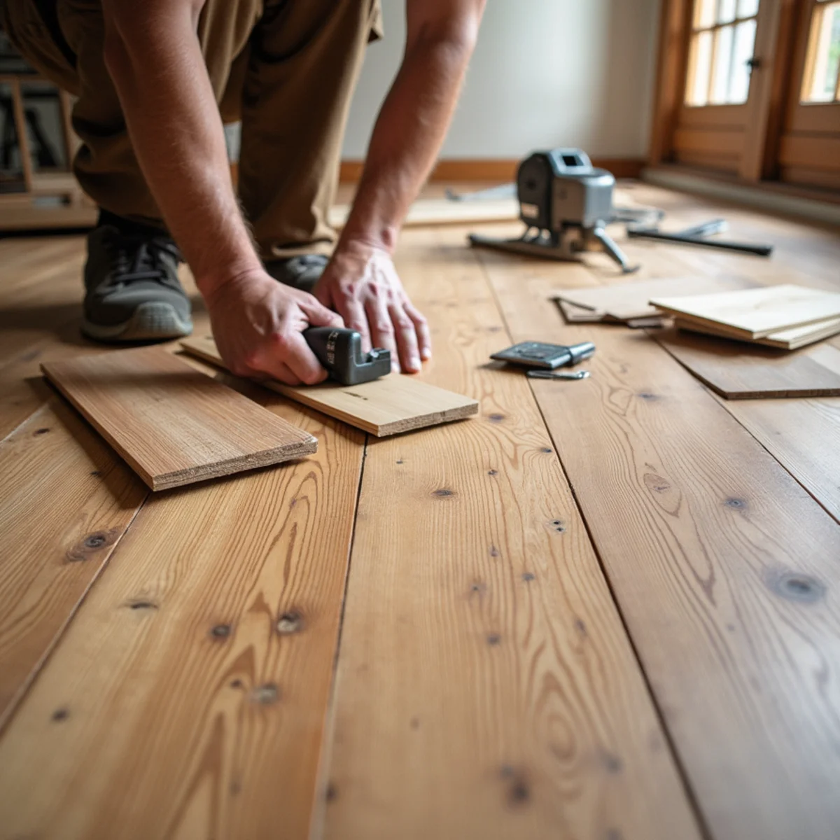 close up detail illustrating heart pine floor refinishing