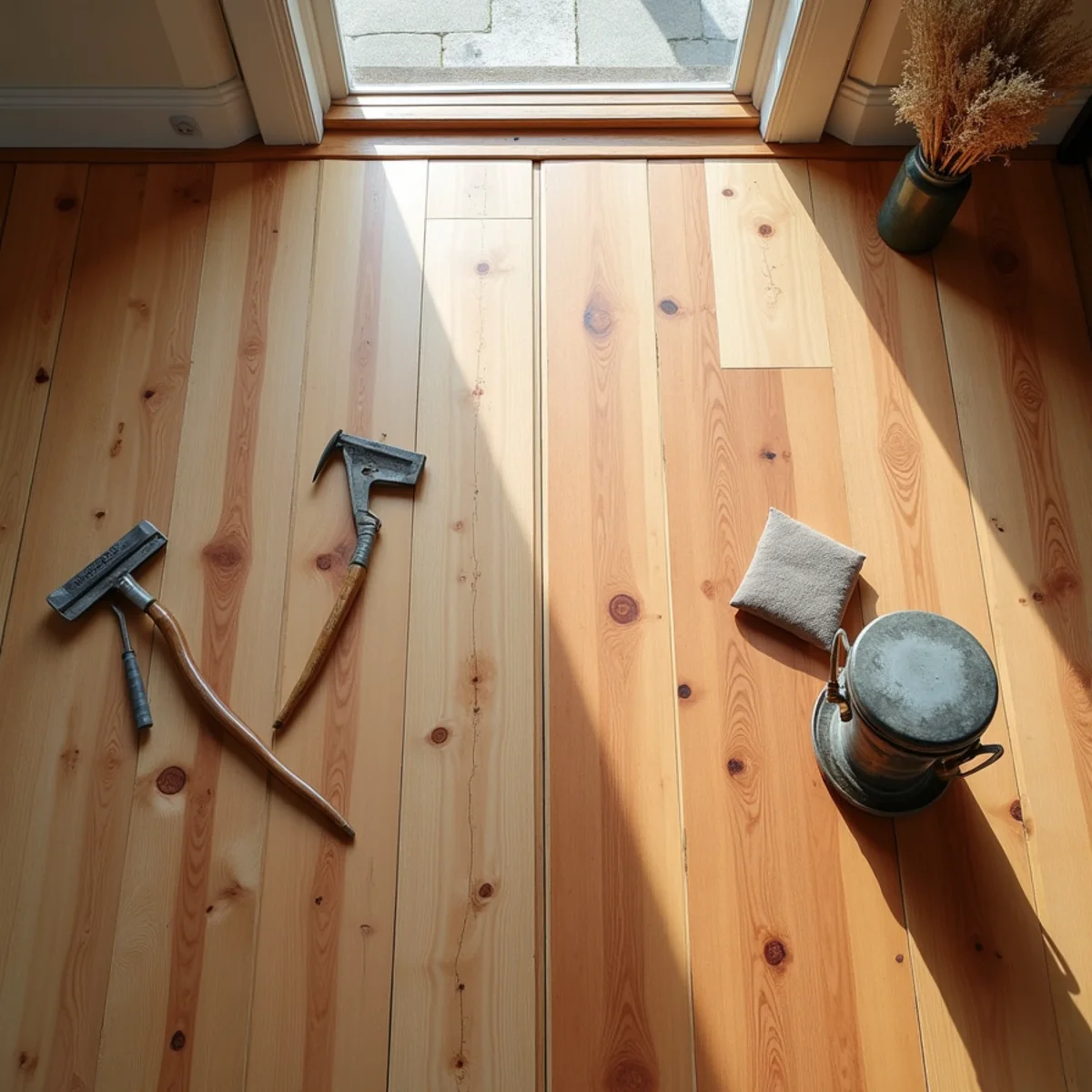 side by side comparison illustrating heart pine floor refinishing