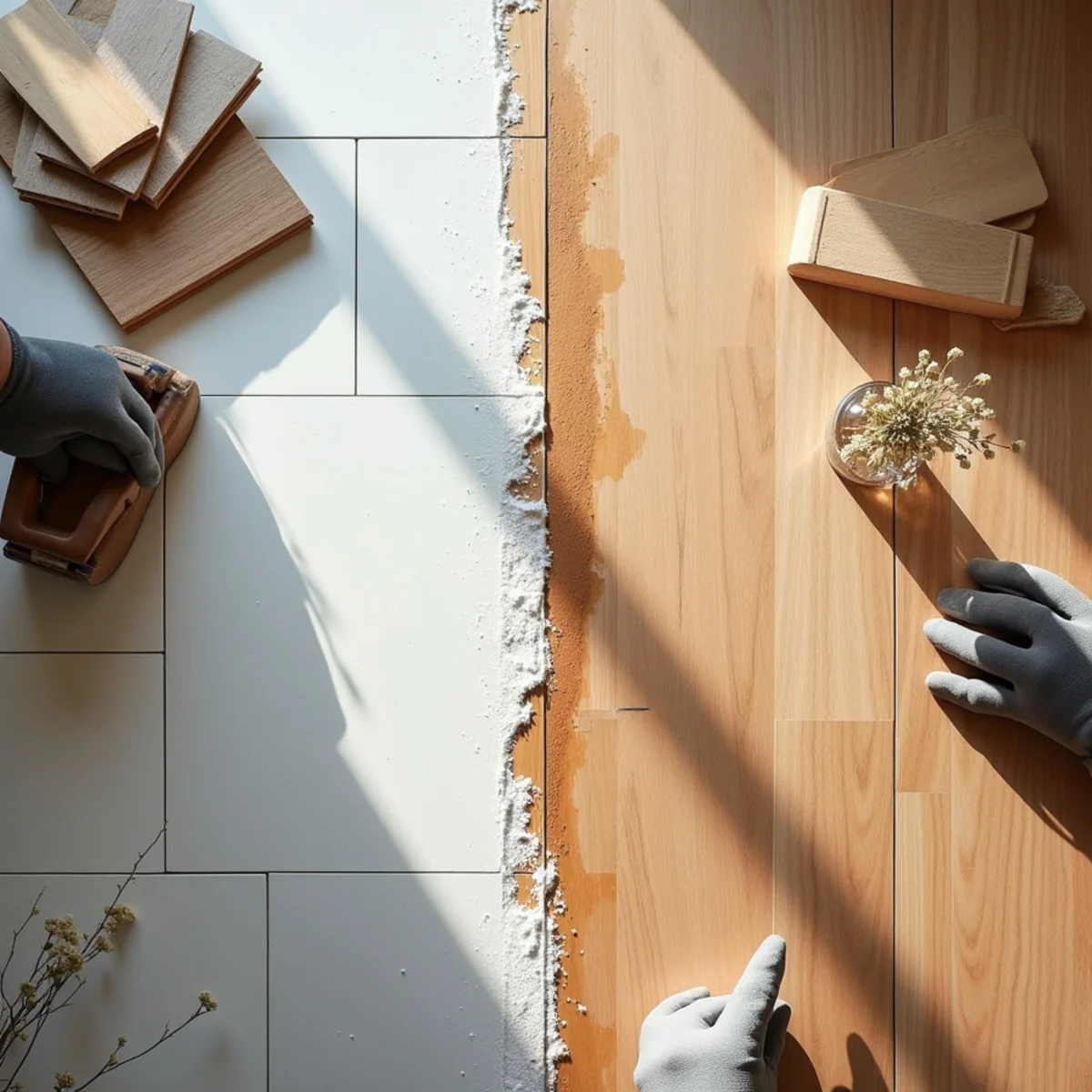 side by side comparison illustrating water damaged floor what to do