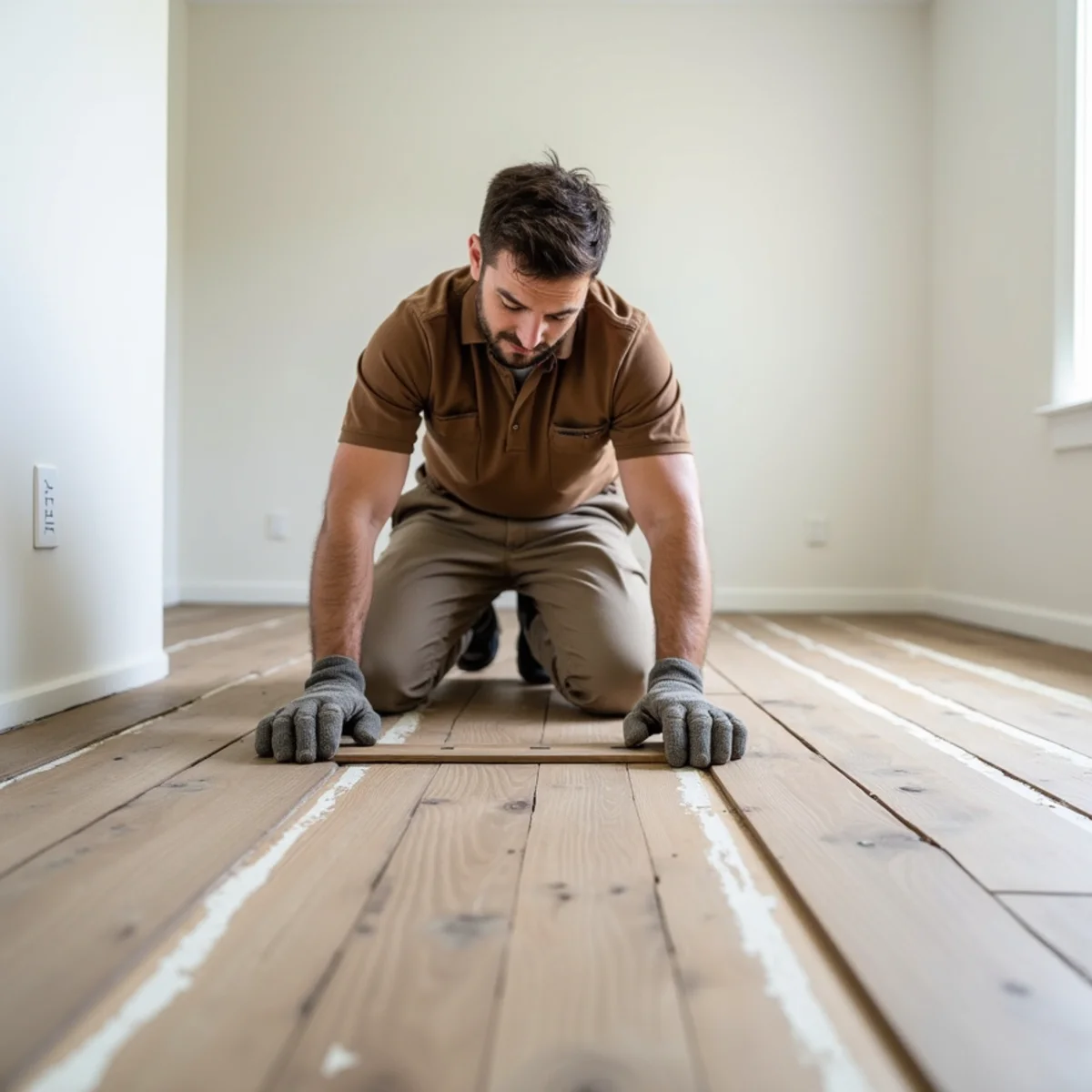 planks being set during hardwood floor refinishing in Huntsville, AL