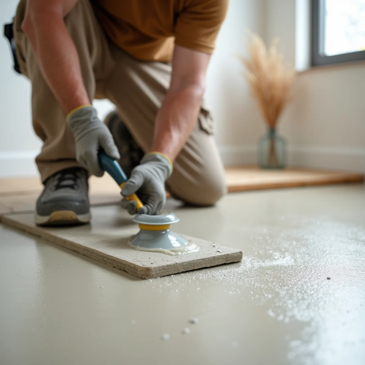 subfloor prep and leveling during rental property flooring in Huntsville, AL