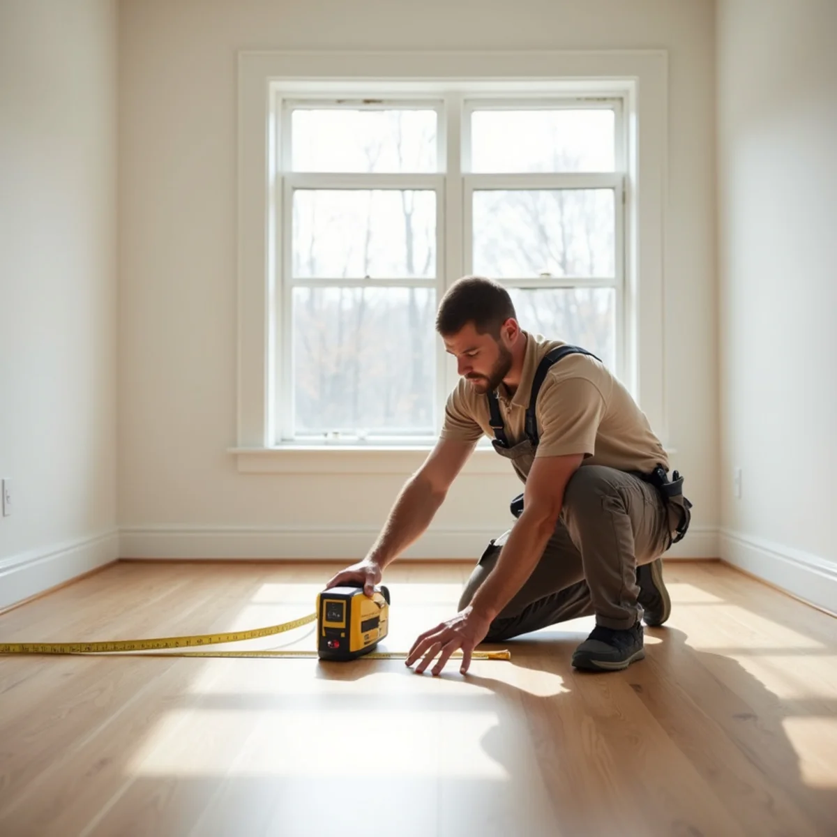 Flooring installer measuring a room in Guntersville, AL