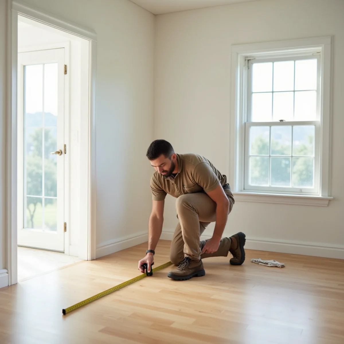Flooring installer measuring a room in Moores Mill, AL