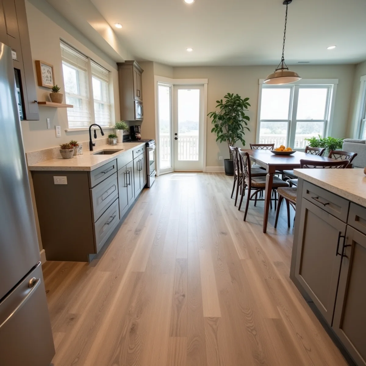 Waterproof LVP running through an open-plan kitchen and living area