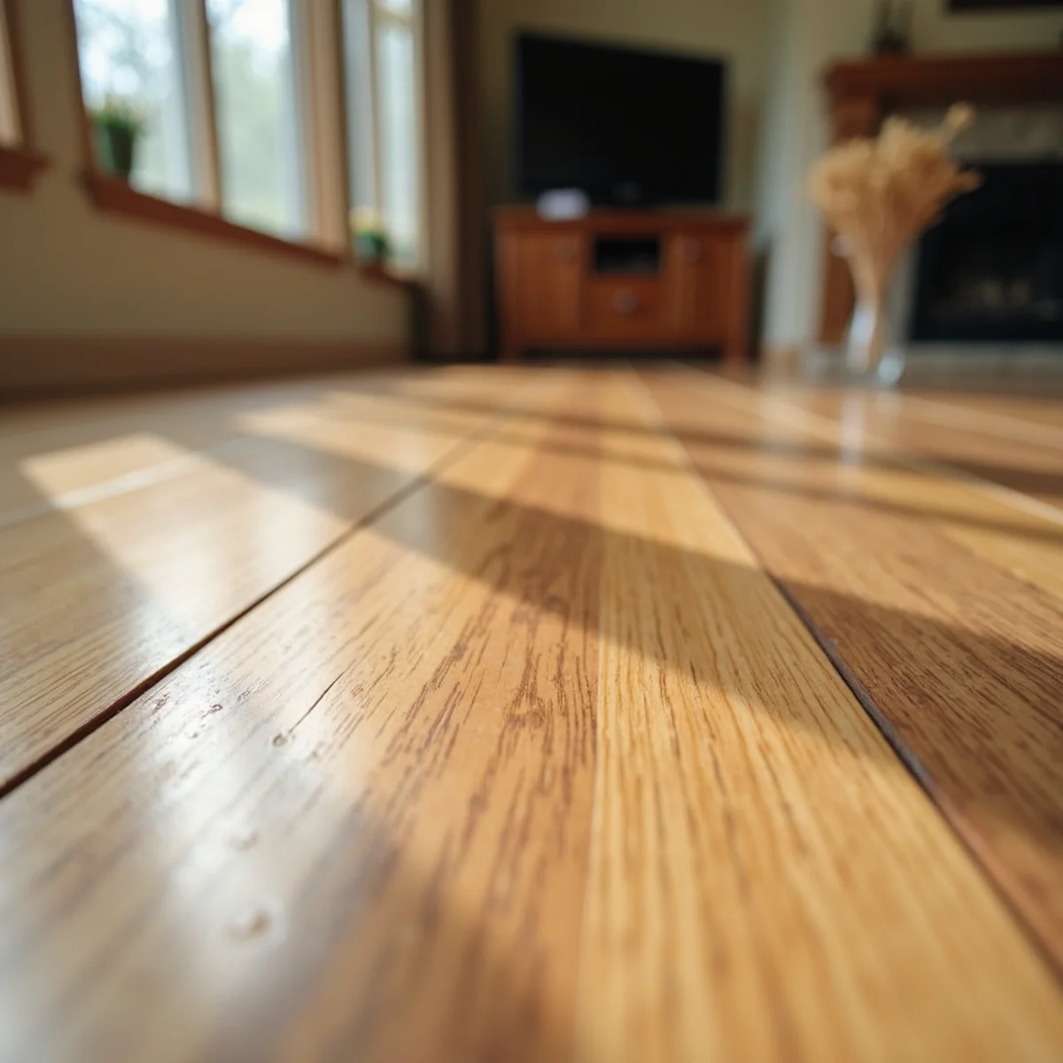 Close-up of a freshly refinished oak floor