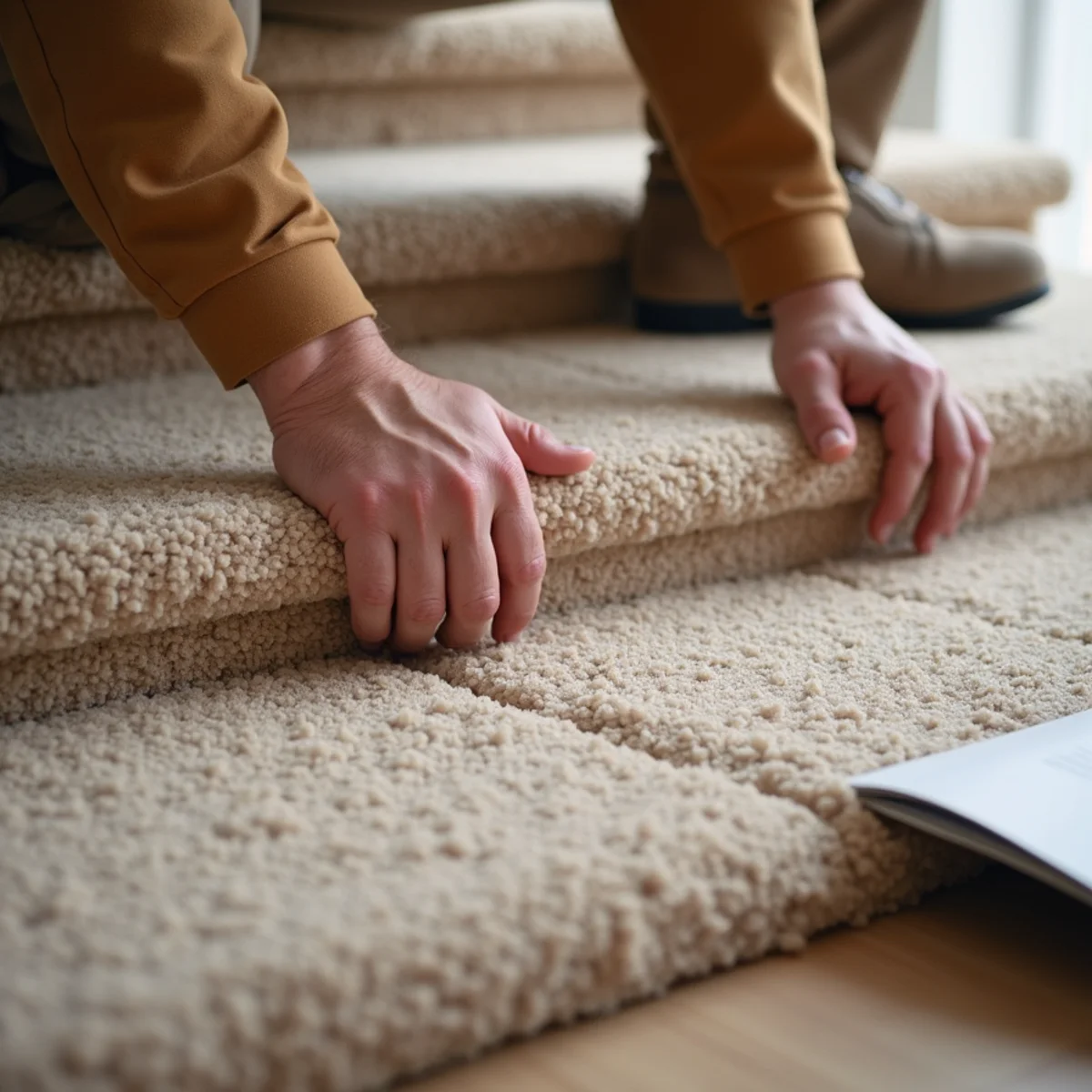 A staircase converted from carpet to wood treads