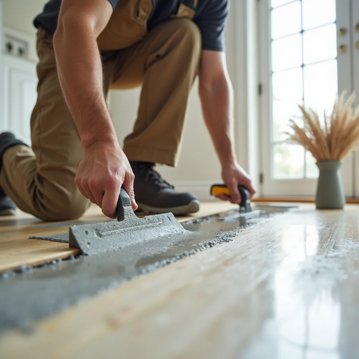 subfloor prep and leveling during stair flooring installation in Huntsville, AL