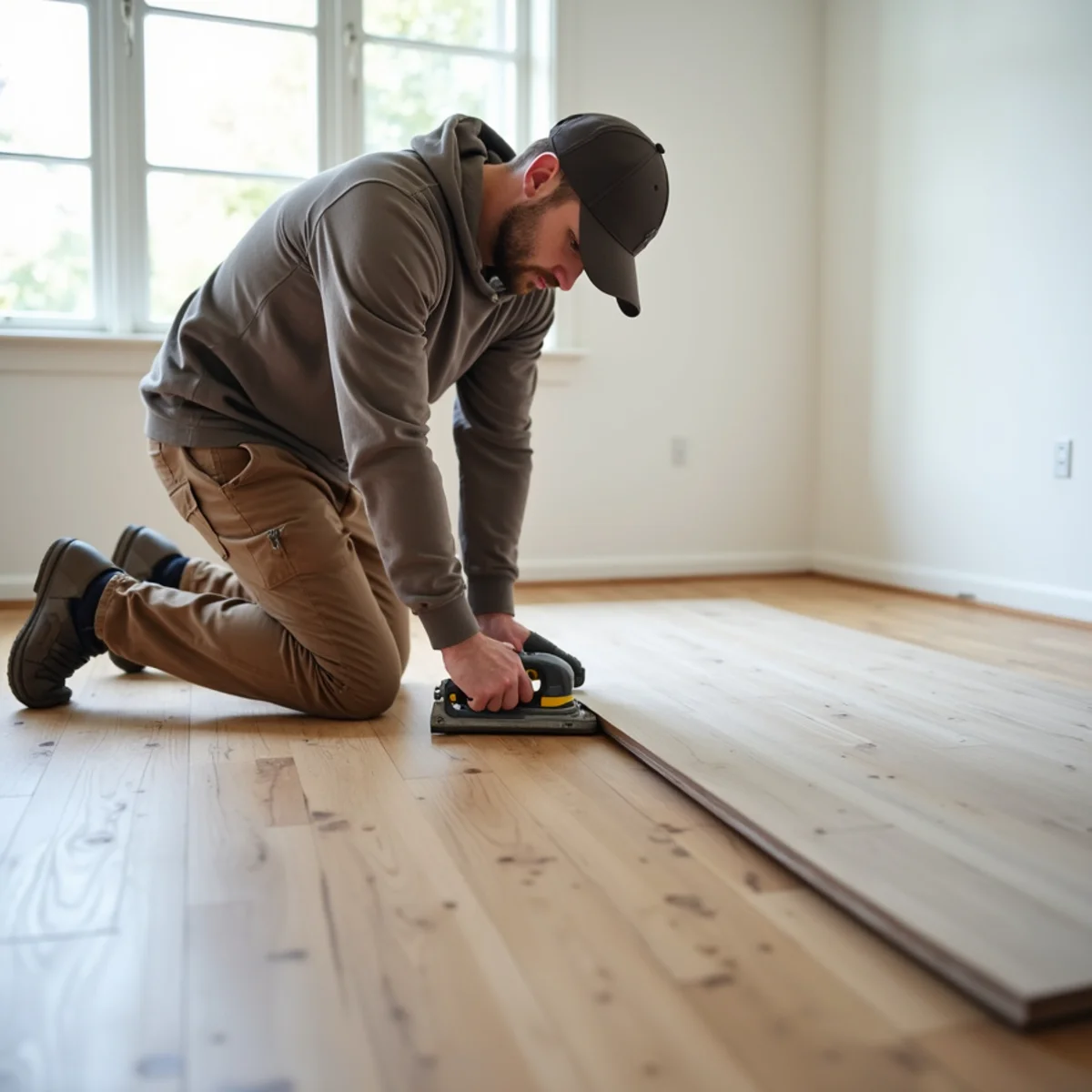 planks being set during water-damaged floor replacement in Huntsville, AL