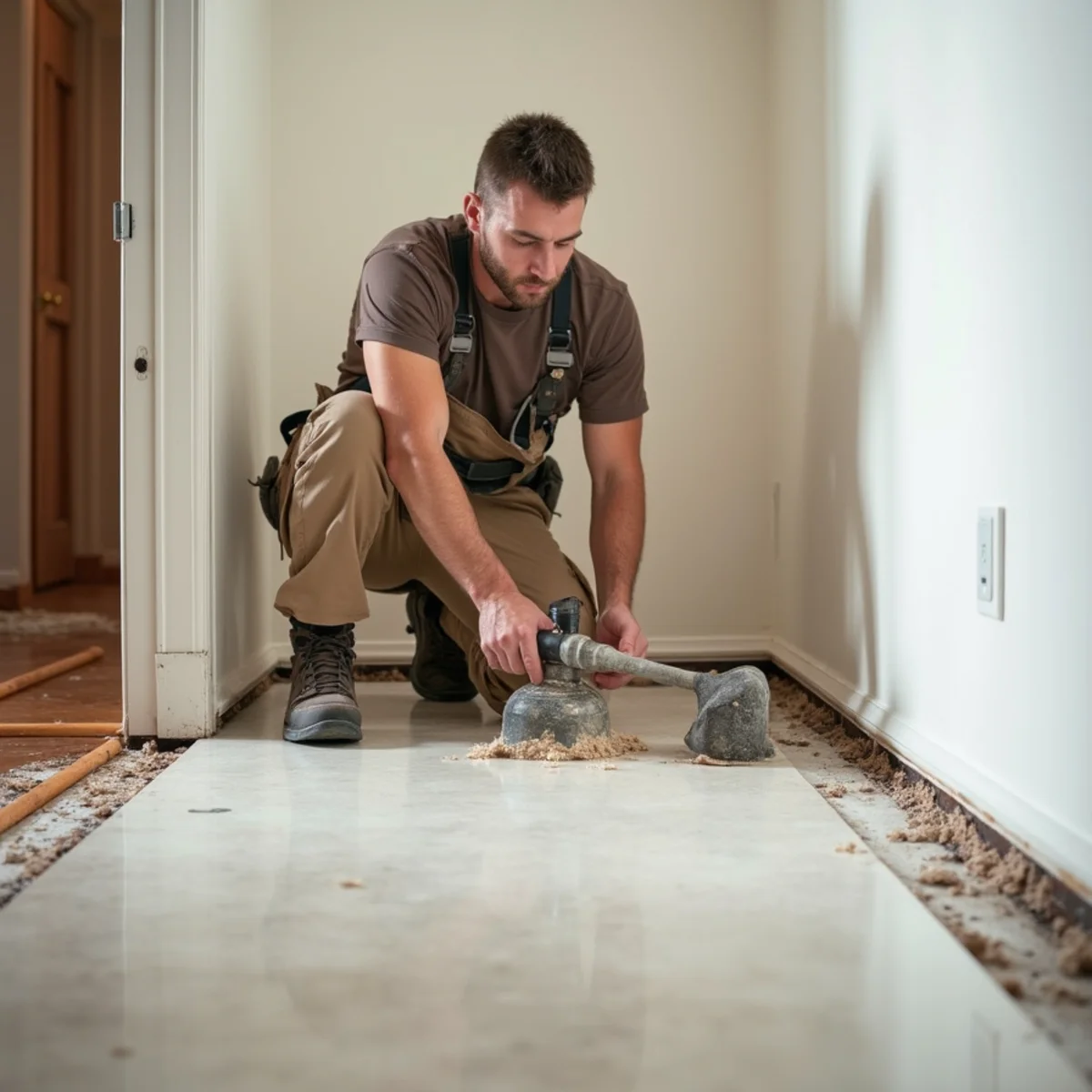 Water-damaged floor replacement underway in a Huntsville, AL home