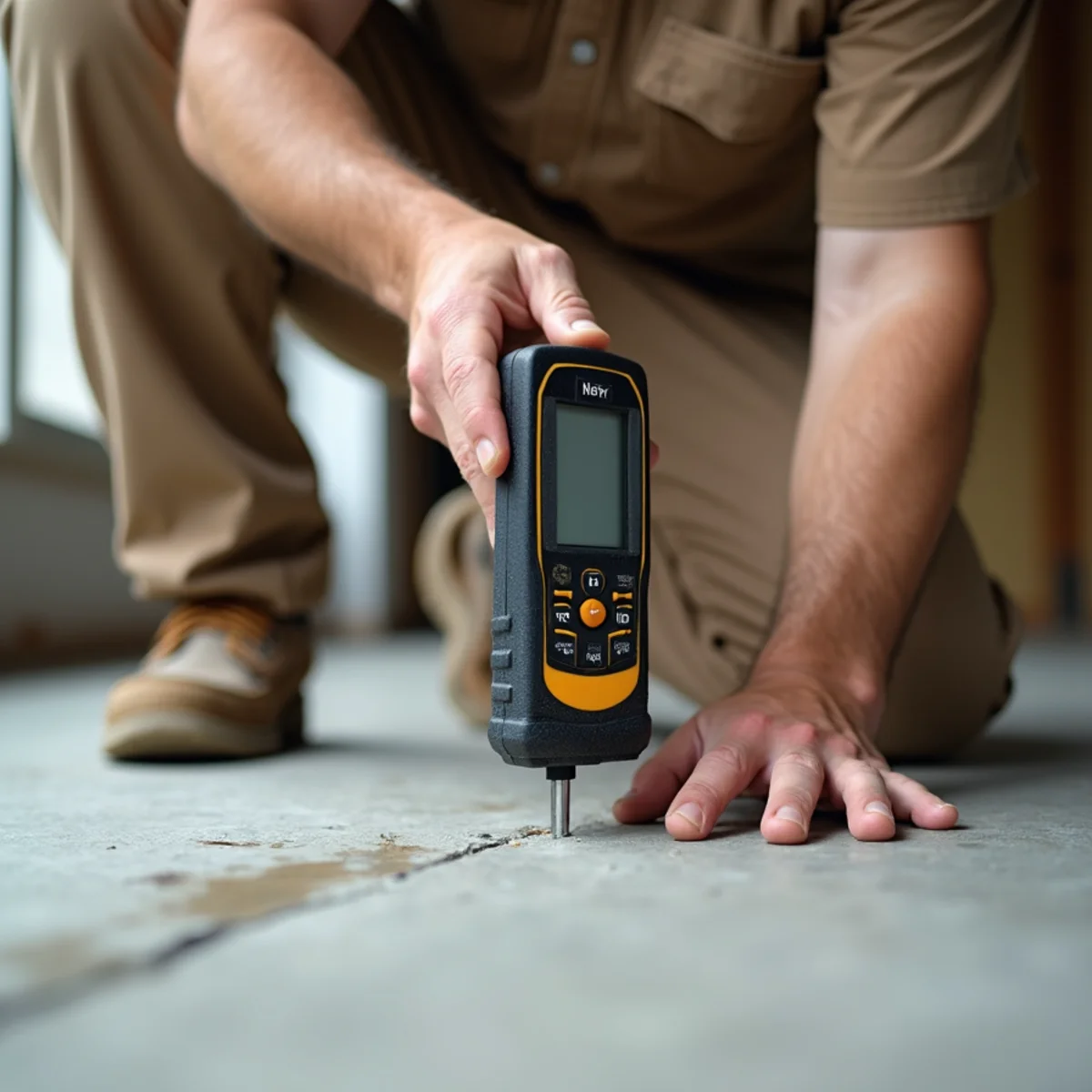 subfloor moisture reading during waterproof flooring installation in Huntsville, AL